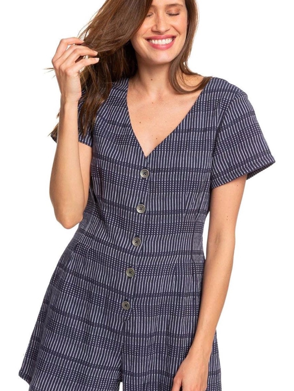 Roxy Navy and White Striped Button-Front Romper